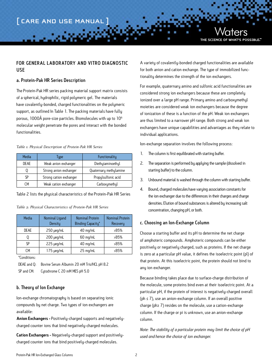 Care and use manual | Waters Protein-Pak HR Ion-Exchange Glass Columns User Manual | Page 2 / 11