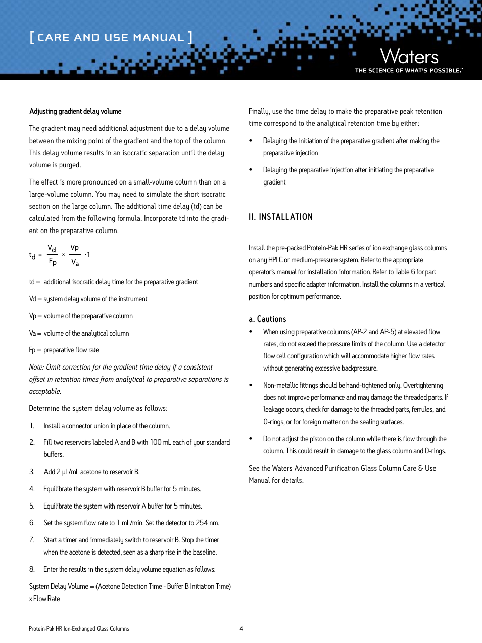 Care and use manual | Waters Protein-Pak HR Ion-Exchange Glass Columns User Manual | Page 4 / 11