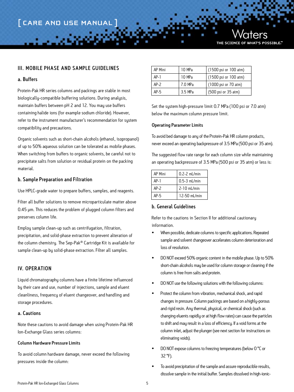 Care and use manual | Waters Protein-Pak HR Ion-Exchange Glass Columns User Manual | Page 5 / 11