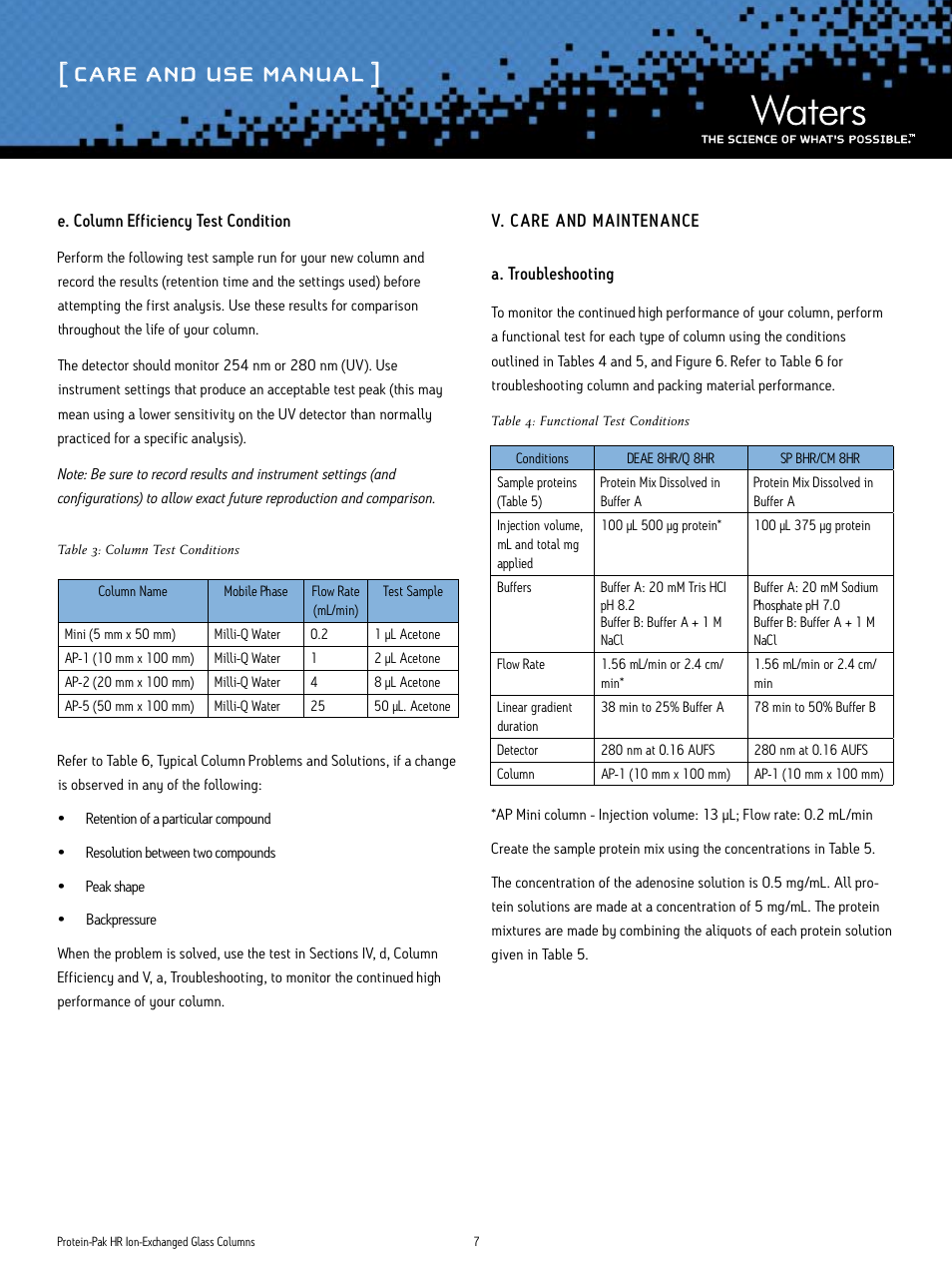 Care and use manual | Waters Protein-Pak HR Ion-Exchange Glass Columns User Manual | Page 7 / 11