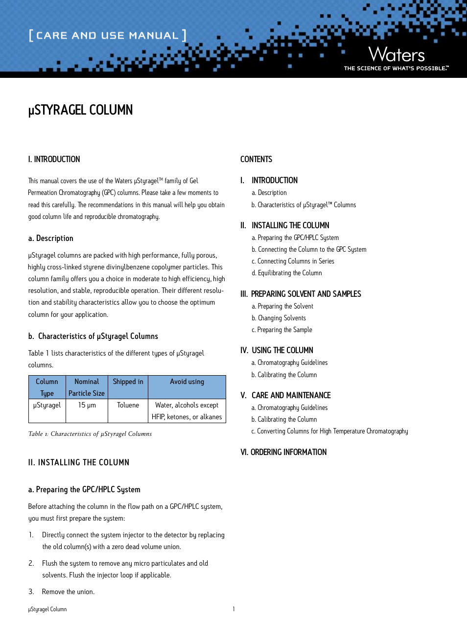 Waters µStyragel Column User Manual | 8 pages