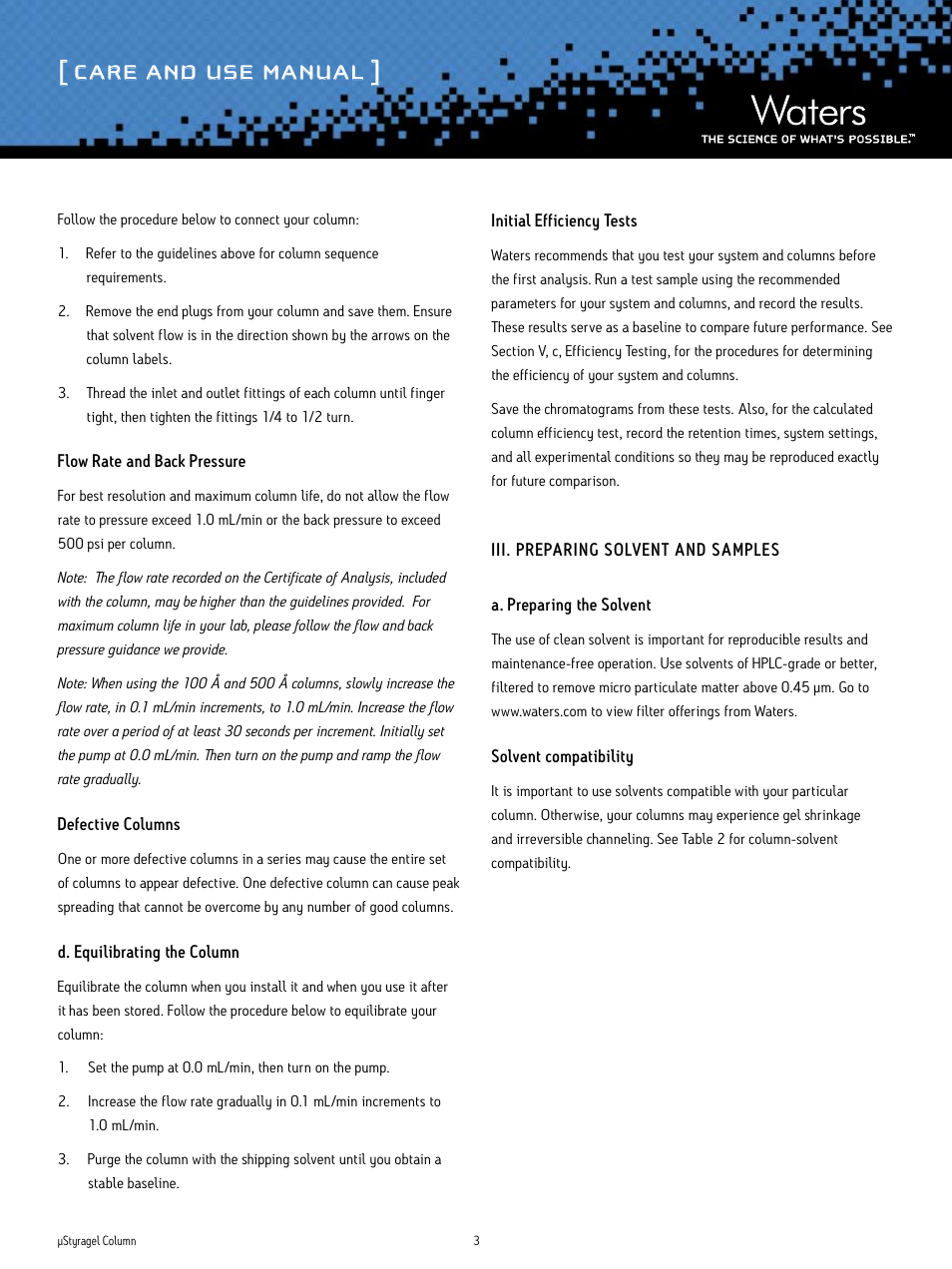 Care and use manual | Waters µStyragel Column User Manual | Page 3 / 8