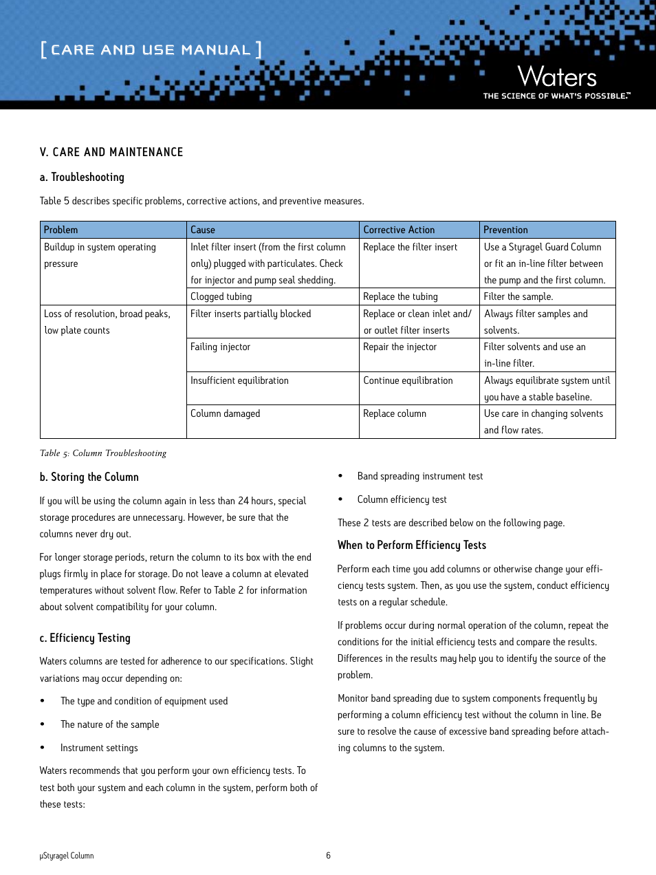 Care and use manual | Waters µStyragel Column User Manual | Page 6 / 8