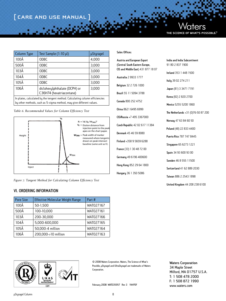 Care and use manual, Vi. ordering information | Waters µStyragel Column User Manual | Page 8 / 8