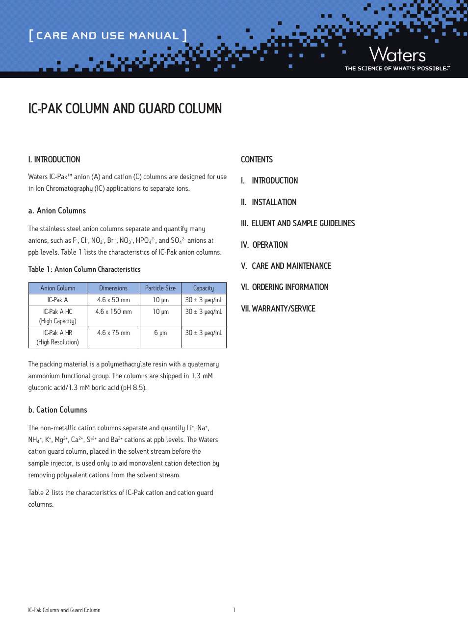 Waters IC-Pak Column and Guard User Manual | 10 pages