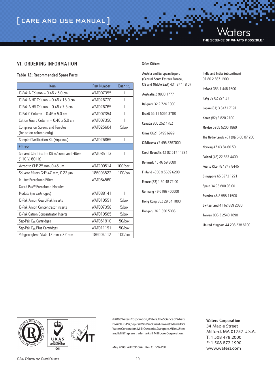 Care and use manual, Vi. ordering information | Waters IC-Pak Column and Guard User Manual | Page 10 / 10