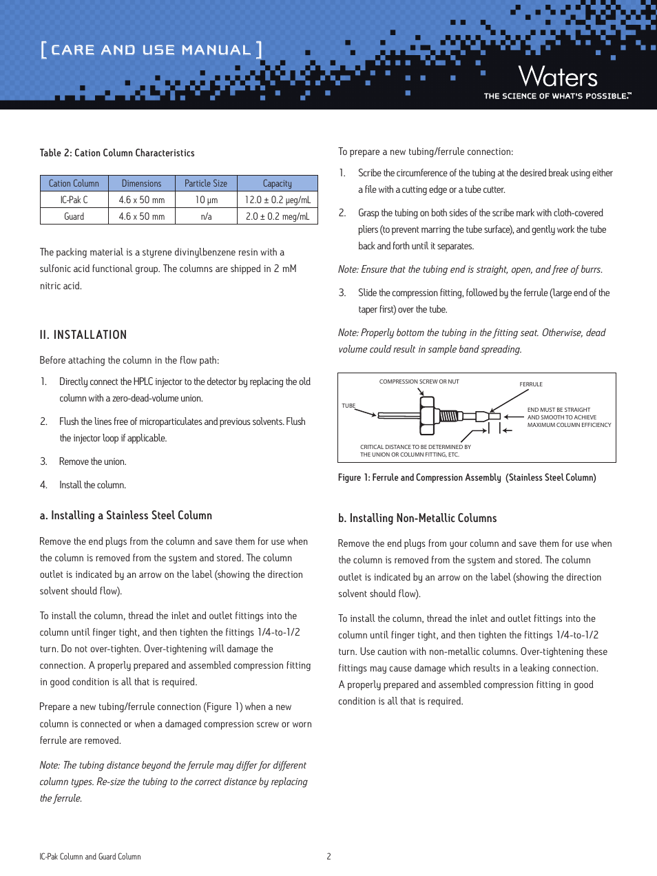 Care and use manual | Waters IC-Pak Column and Guard User Manual | Page 2 / 10