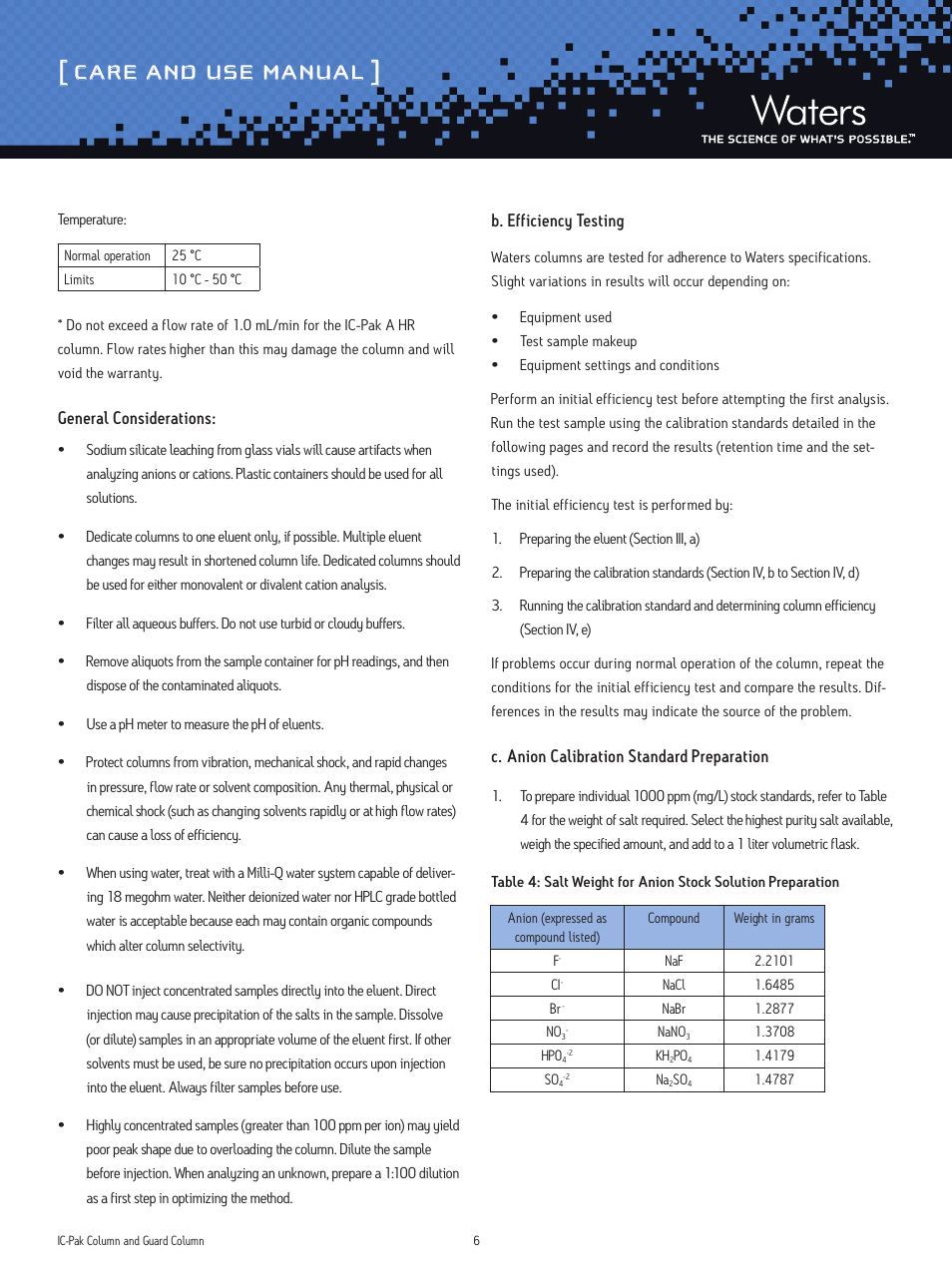 Care and use manual | Waters IC-Pak Column and Guard User Manual | Page 6 / 10