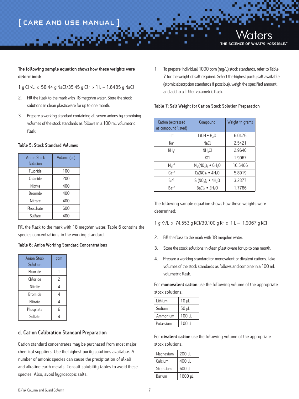 Care and use manual, D. cation calibration standard preparation | Waters IC-Pak Column and Guard User Manual | Page 7 / 10