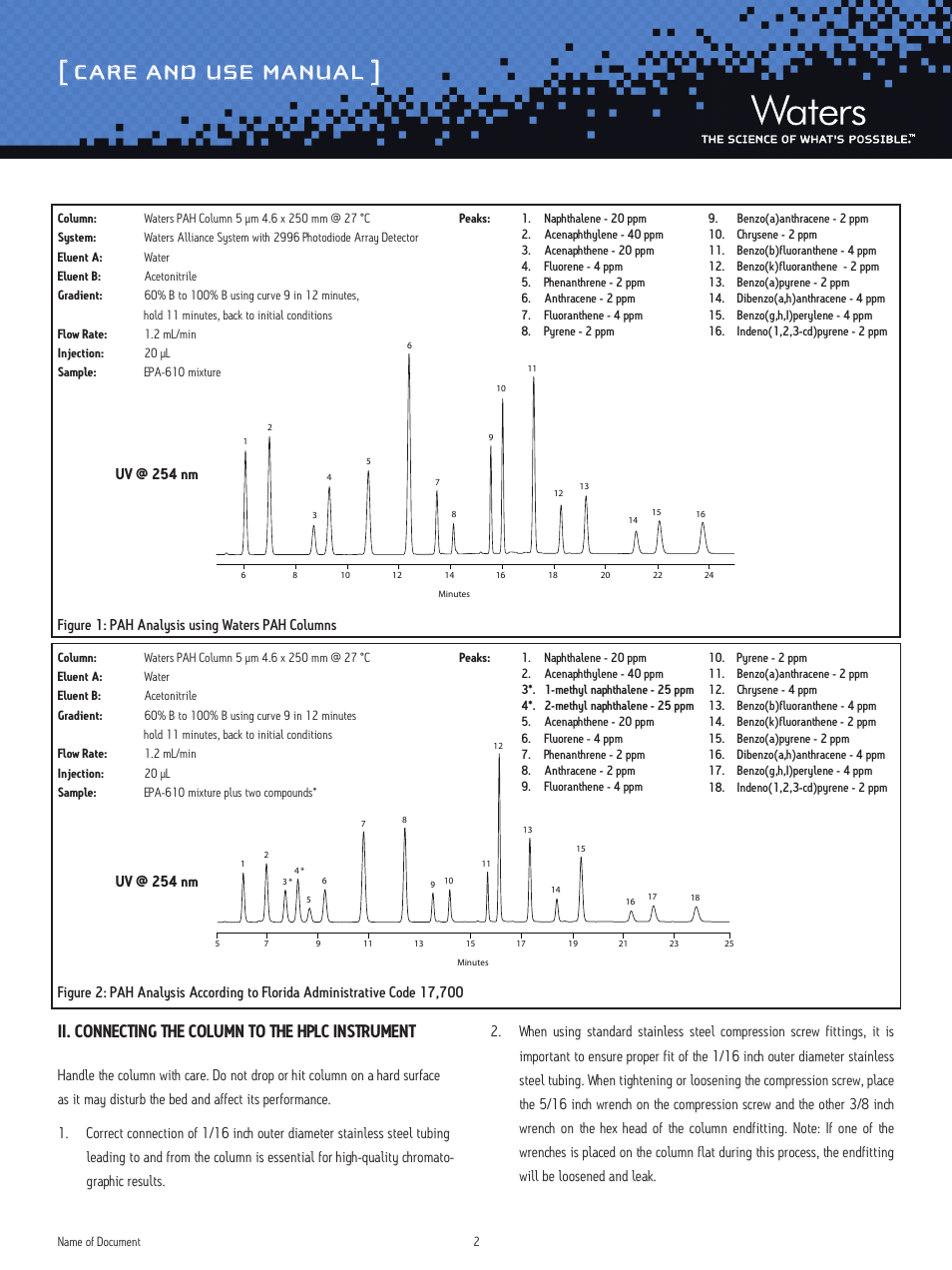 Care and use manual, Ii. connecting the column to the hplc instrument, Uv @ 254 nm | Waters PAH Columns User Manual | Page 2 / 7