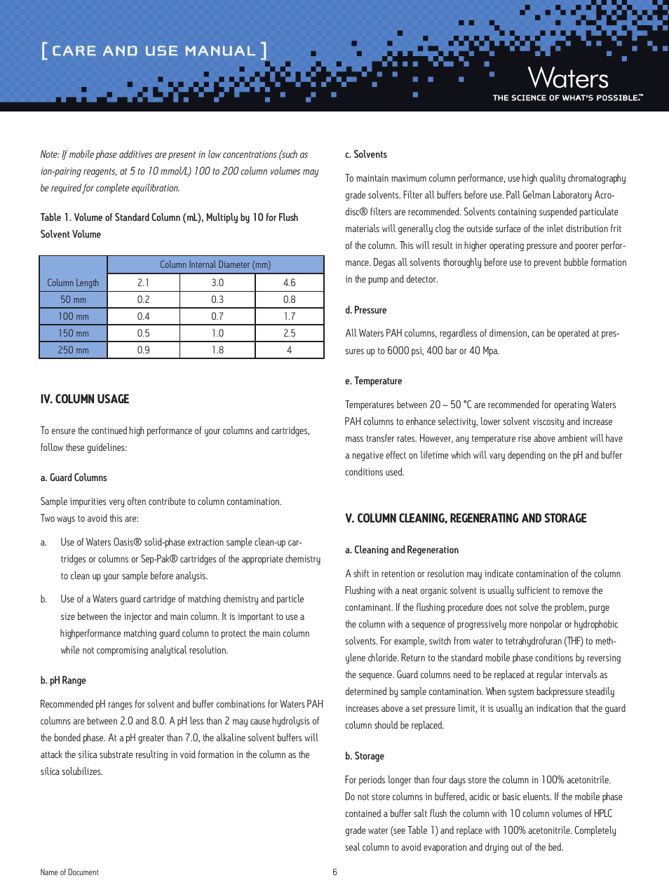 Care and use manual | Waters PAH Columns User Manual | Page 6 / 7