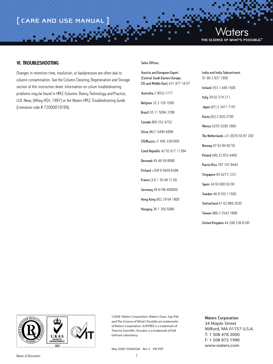 Care and use manual, Vi. troubleshooting | Waters PAH Columns User Manual | Page 7 / 7