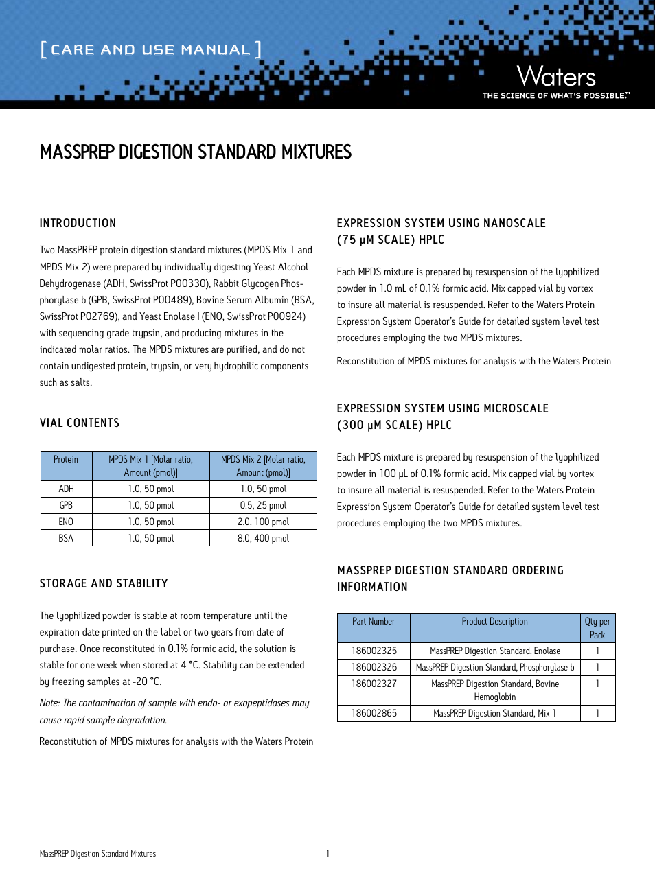 Waters MassPREP Digestion Standard Mixtures User Manual | 2 pages