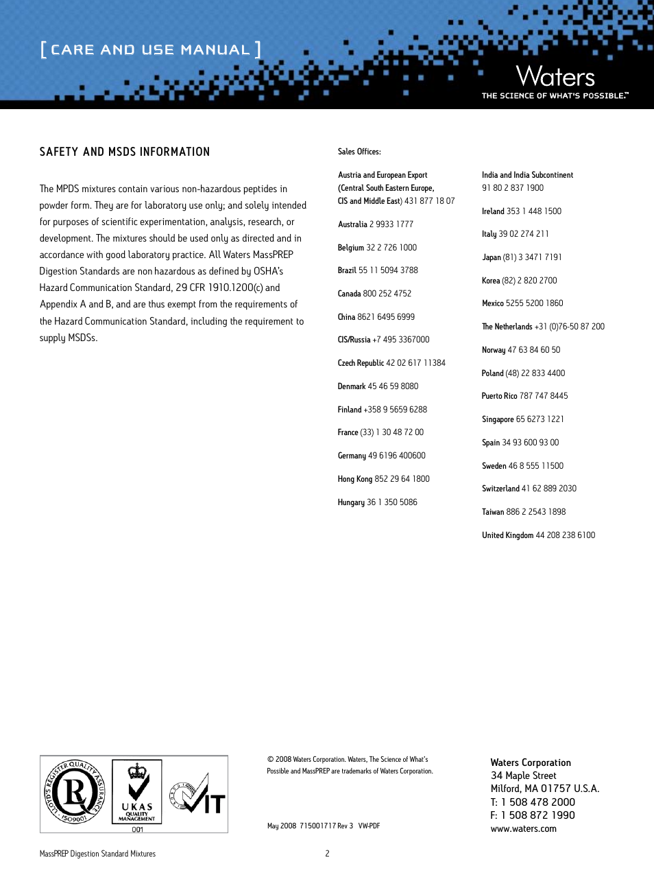 Care and use manual, Safet y and msds information | Waters MassPREP Digestion Standard Mixtures User Manual | Page 2 / 2
