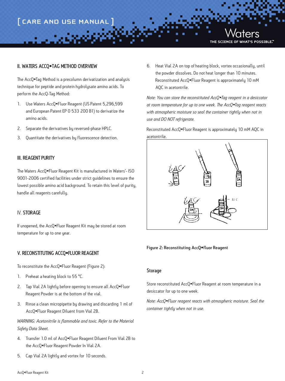 Care and use manual | Waters AccQ-Fluor Reagent Kit User Manual | Page 2 / 5
