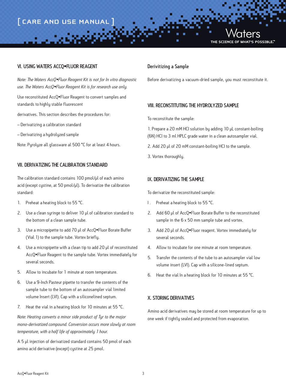 Care and use manual | Waters AccQ-Fluor Reagent Kit User Manual | Page 3 / 5