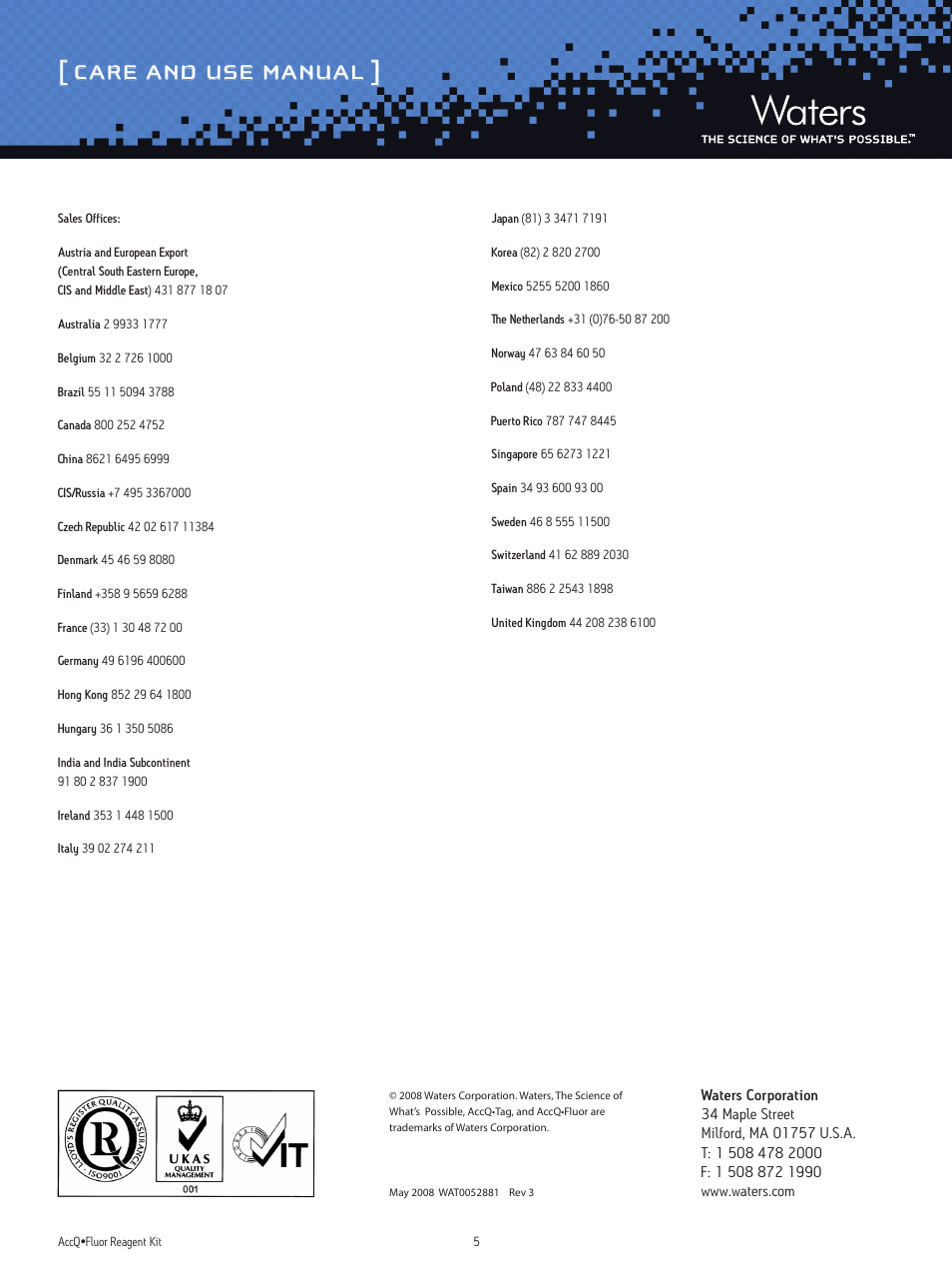 Care and use manual | Waters AccQ-Fluor Reagent Kit User Manual | Page 5 / 5