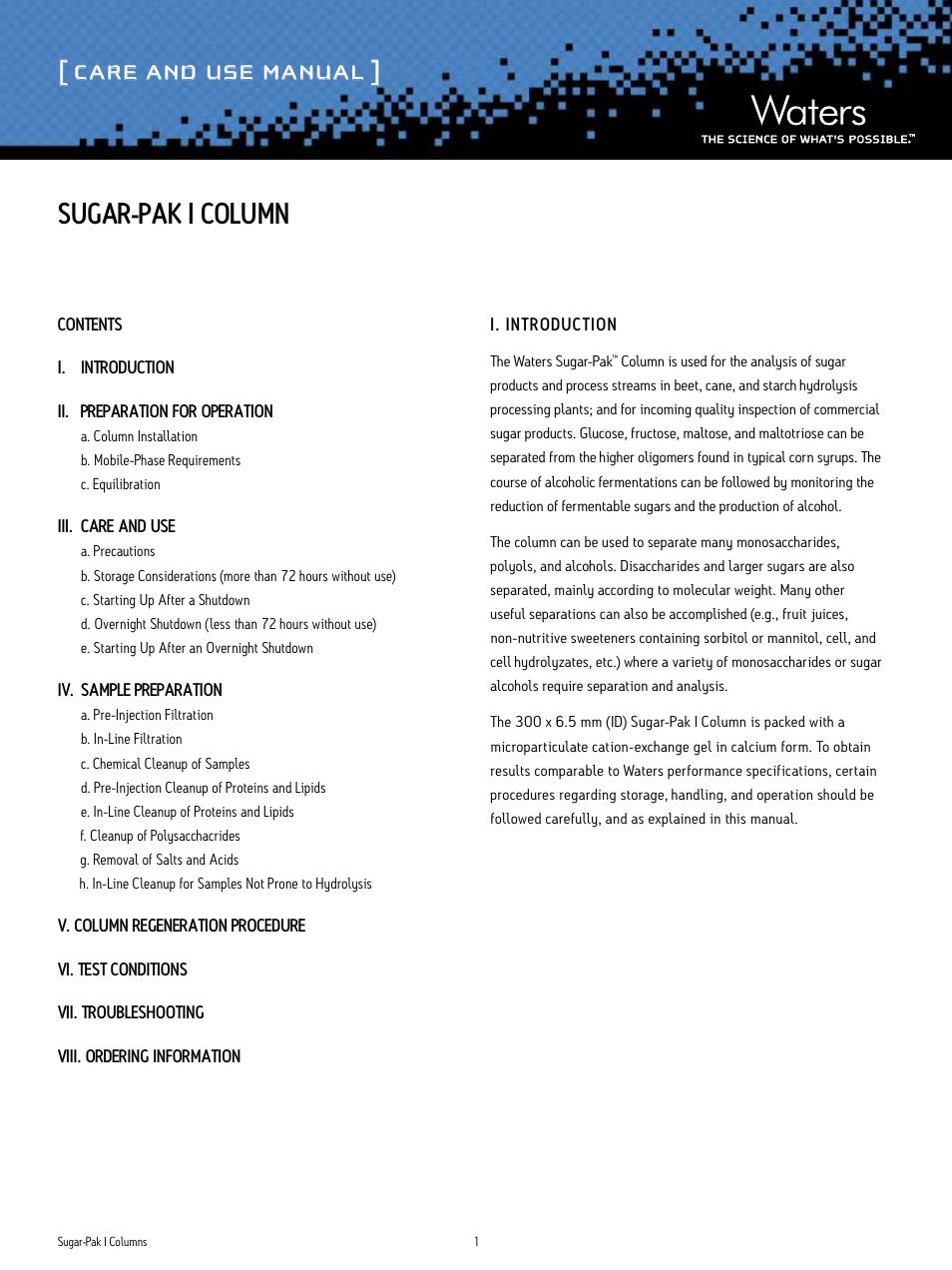 Waters Sugar-Pak I Column User Manual | 7 pages