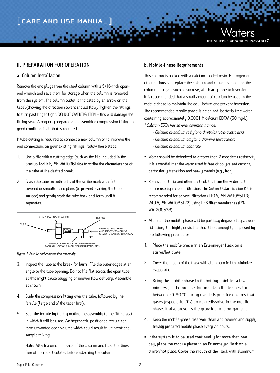 Care and use manual | Waters Sugar-Pak I Column User Manual | Page 2 / 7