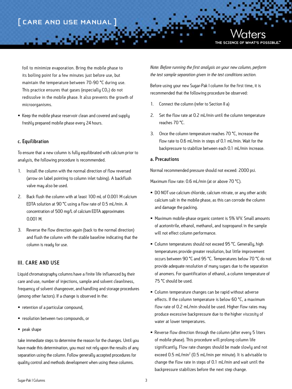 Care and use manual | Waters Sugar-Pak I Column User Manual | Page 3 / 7