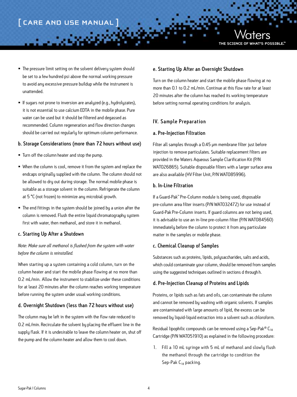 Care and use manual | Waters Sugar-Pak I Column User Manual | Page 4 / 7