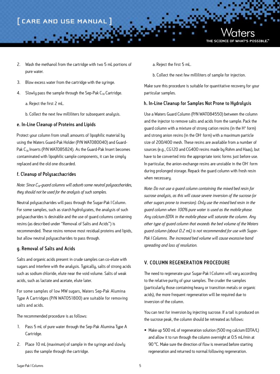Care and use manual | Waters Sugar-Pak I Column User Manual | Page 5 / 7
