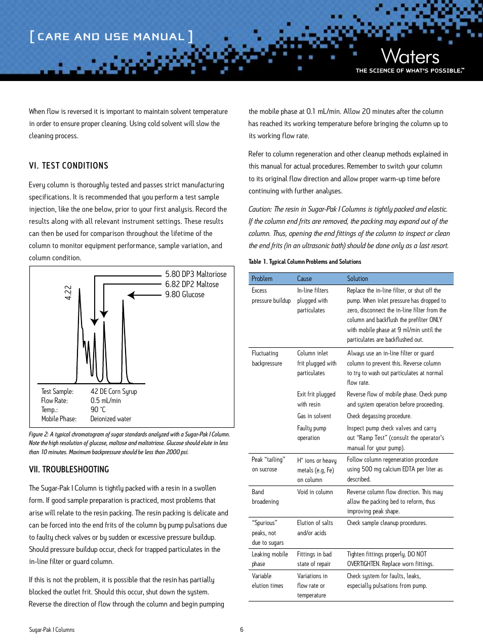 Care and use manual | Waters Sugar-Pak I Column User Manual | Page 6 / 7