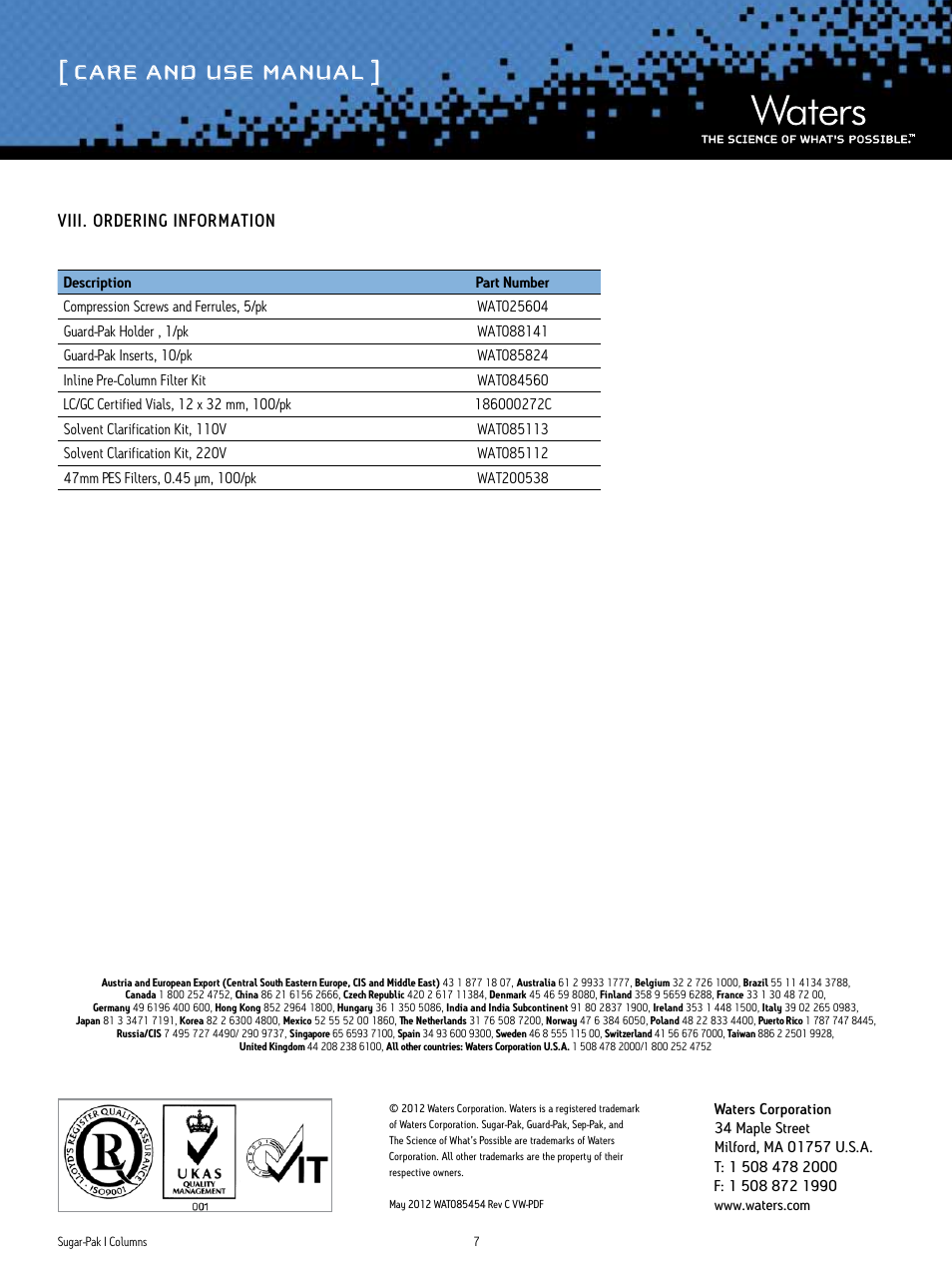 Care and use manual | Waters Sugar-Pak I Column User Manual | Page 7 / 7