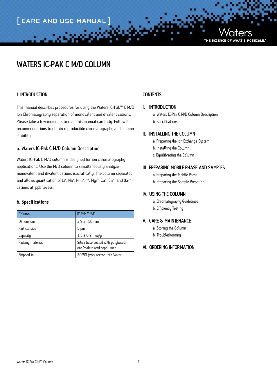 Waters IC-Pak C Method Development Column User Manual | 6 pages