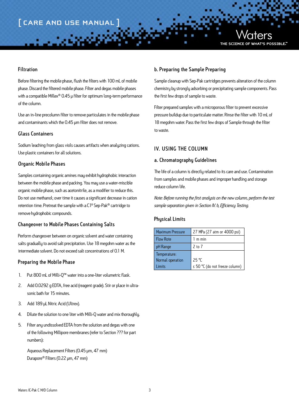 Care and use manual | Waters IC-Pak C Method Development Column User Manual | Page 3 / 6