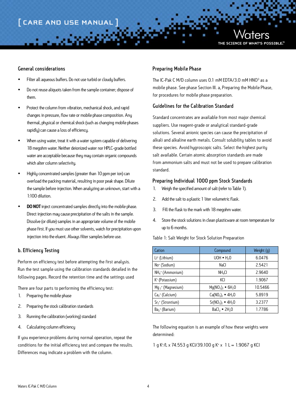Care and use manual, General considerations, B. efficiency testing | Preparing mobile phase, Guidelines for the calibration standard, Preparing individual 1000 ppm stock standards | Waters IC-Pak C Method Development Column User Manual | Page 4 / 6