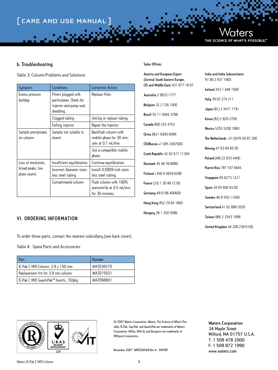 Care and use manual, B. troubleshooting, Vi. ordering information | Waters IC-Pak C Method Development Column User Manual | Page 6 / 6