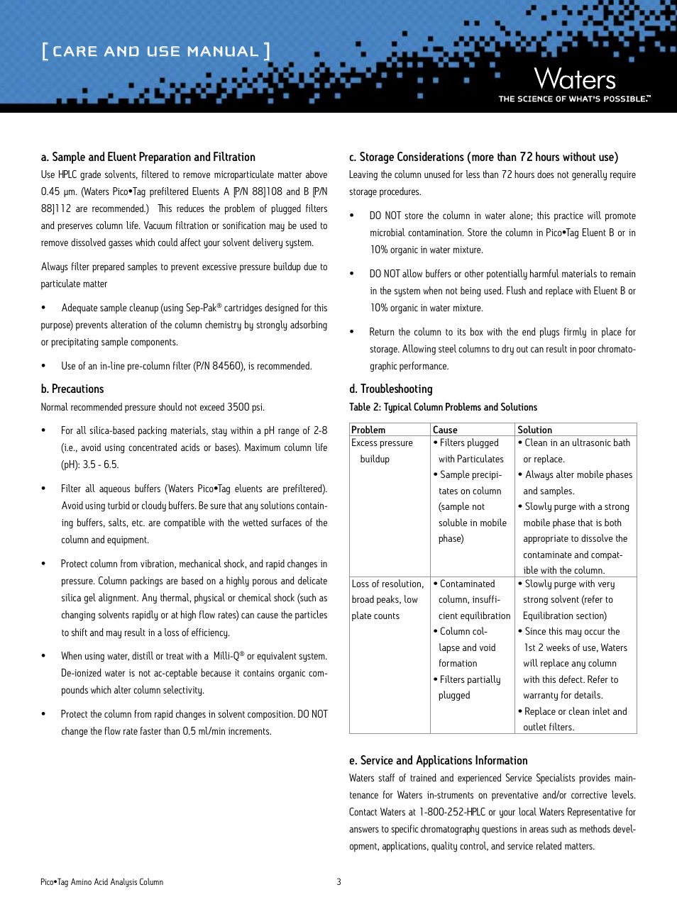 Care and use manual | Waters Pico-Tag Amino Acid Analysis Column User Manual | Page 3 / 5