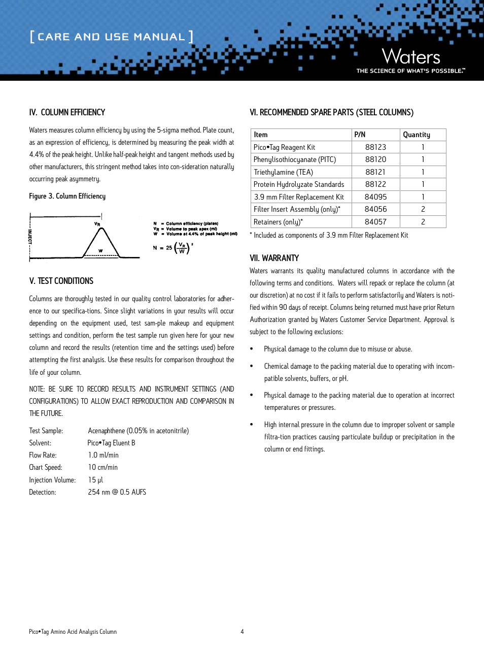 Care and use manual | Waters Pico-Tag Amino Acid Analysis Column User Manual | Page 4 / 5