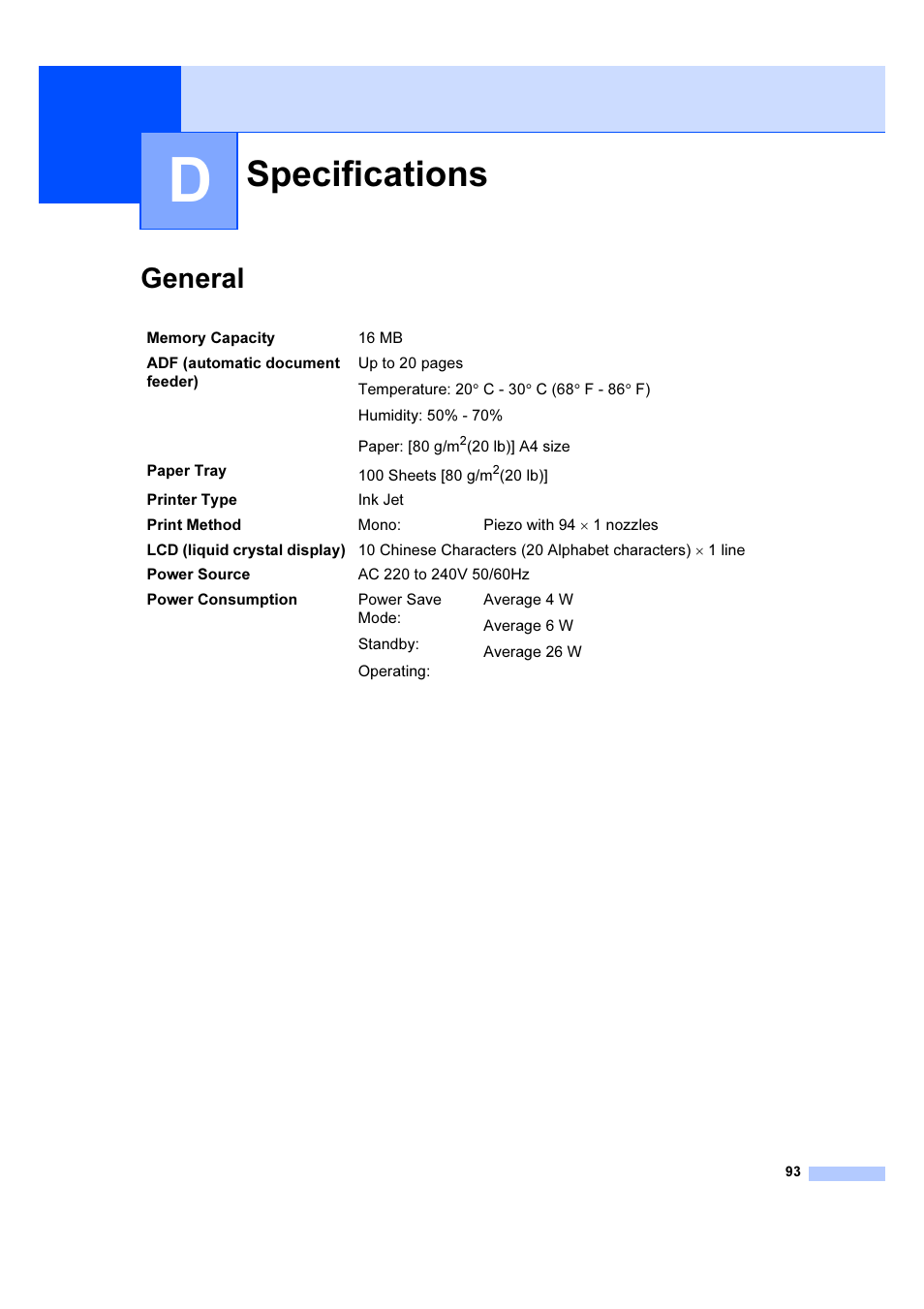 D specifications, General, Specifications | Brother IntelliFAX 1360 User Manual | Page 101 / 114