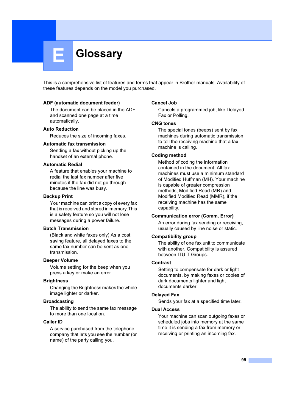 E glossary, Glossary | Brother IntelliFAX 1360 User Manual | Page 107 / 114