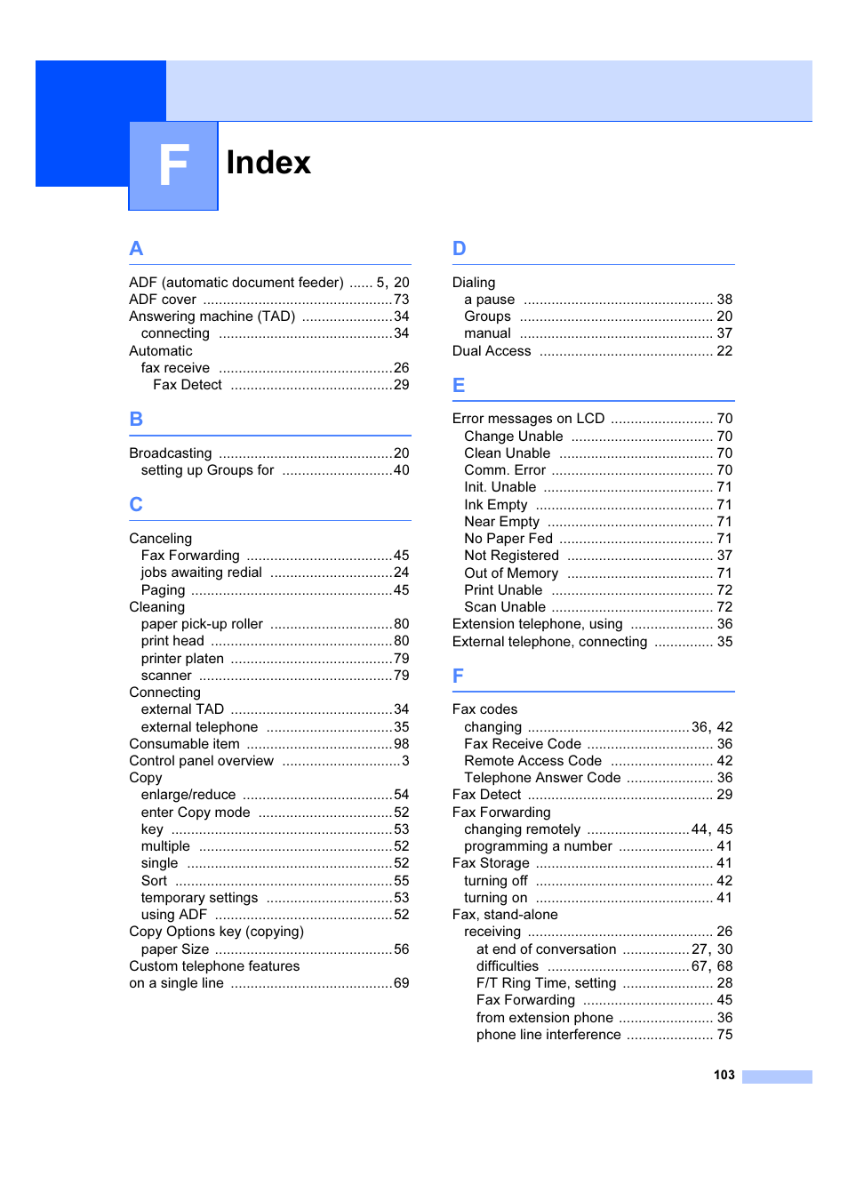 F index, Index | Brother IntelliFAX 1360 User Manual | Page 111 / 114