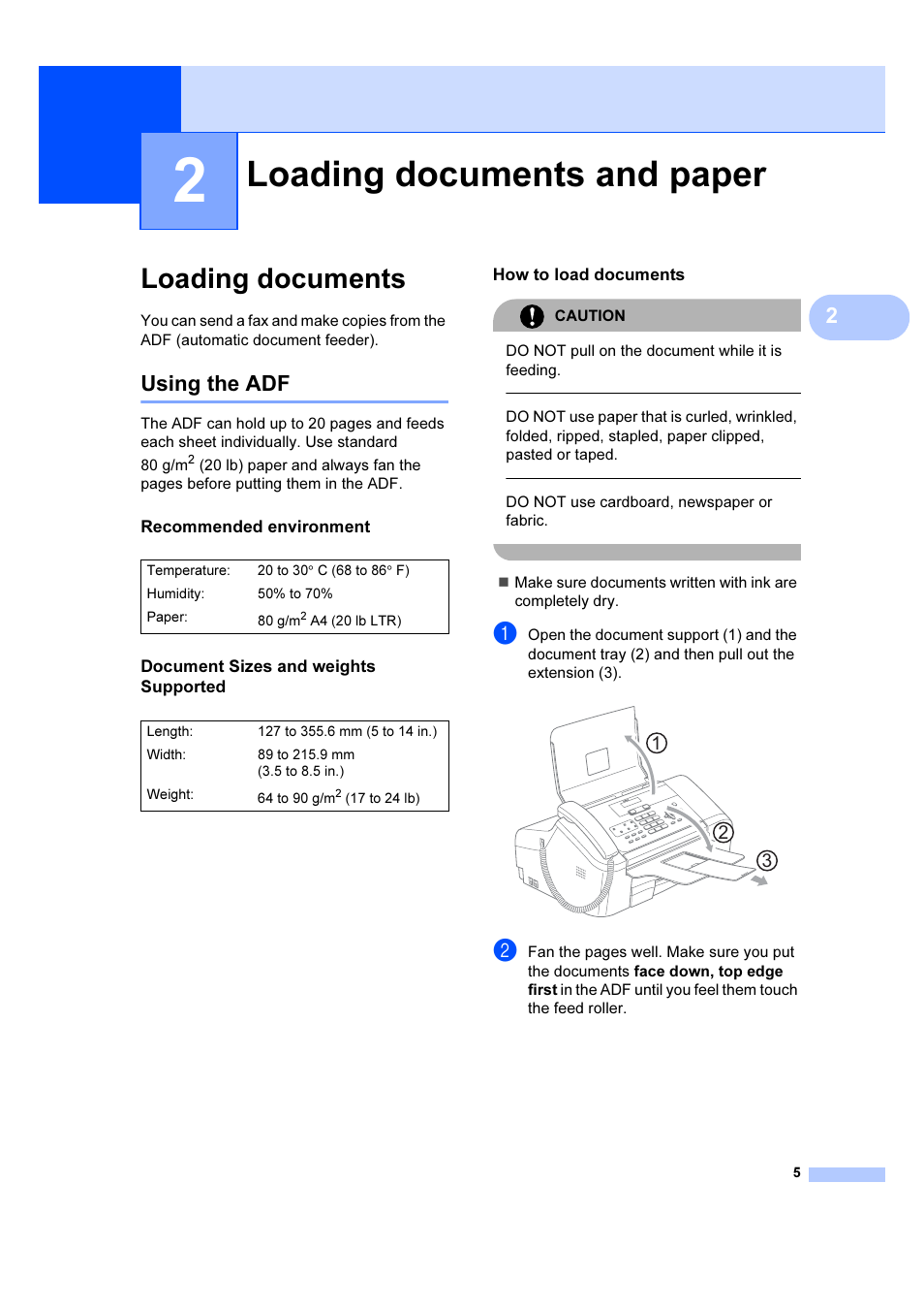 2 loading documents and paper, Loading documents, Using the adf | Recommended environment, Document sizes and weights supported, How to load documents, Loading documents and paper | Brother IntelliFAX 1360 User Manual | Page 13 / 114