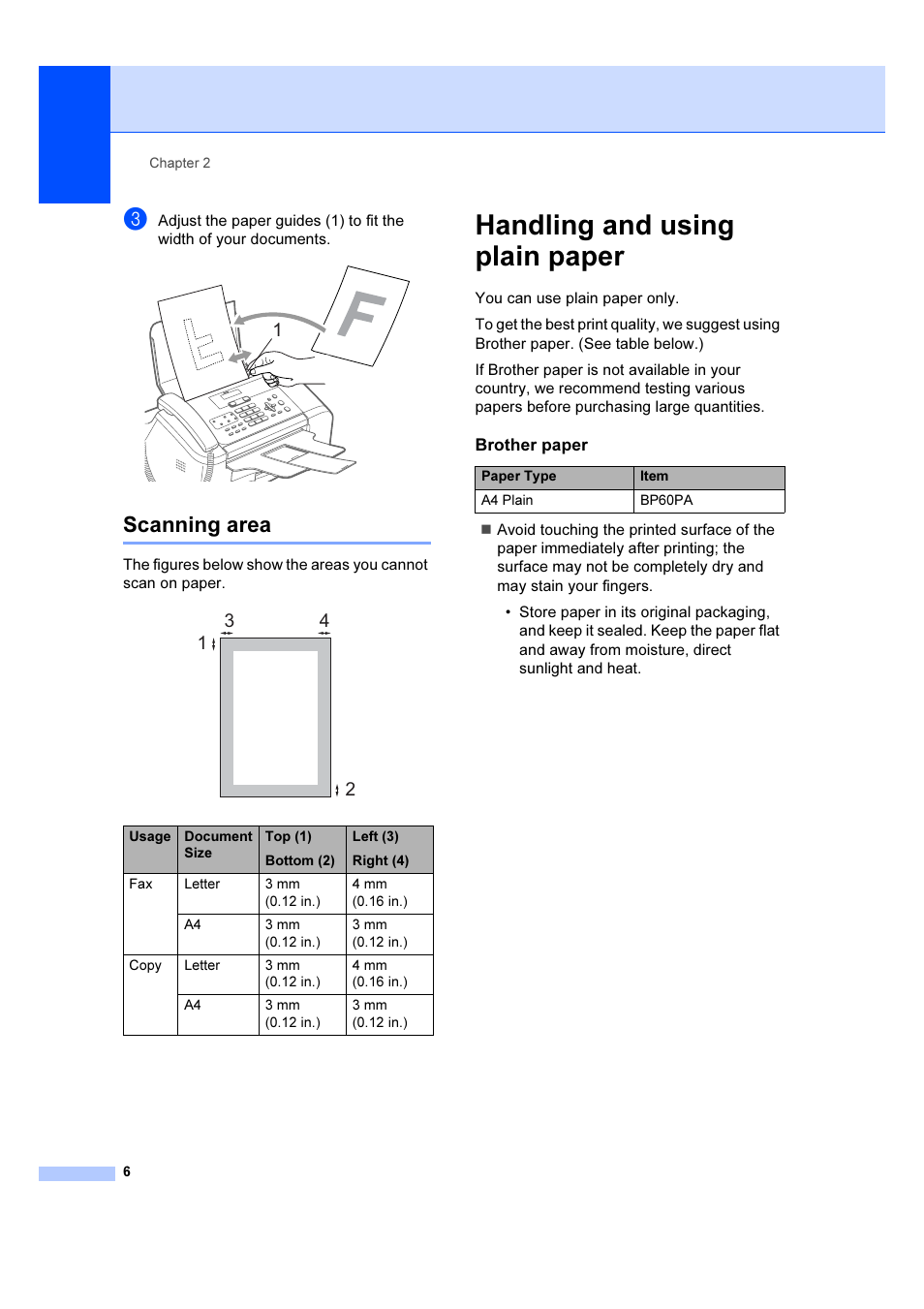 Scanning area, Handling and using plain paper | Brother IntelliFAX 1360 User Manual | Page 14 / 114