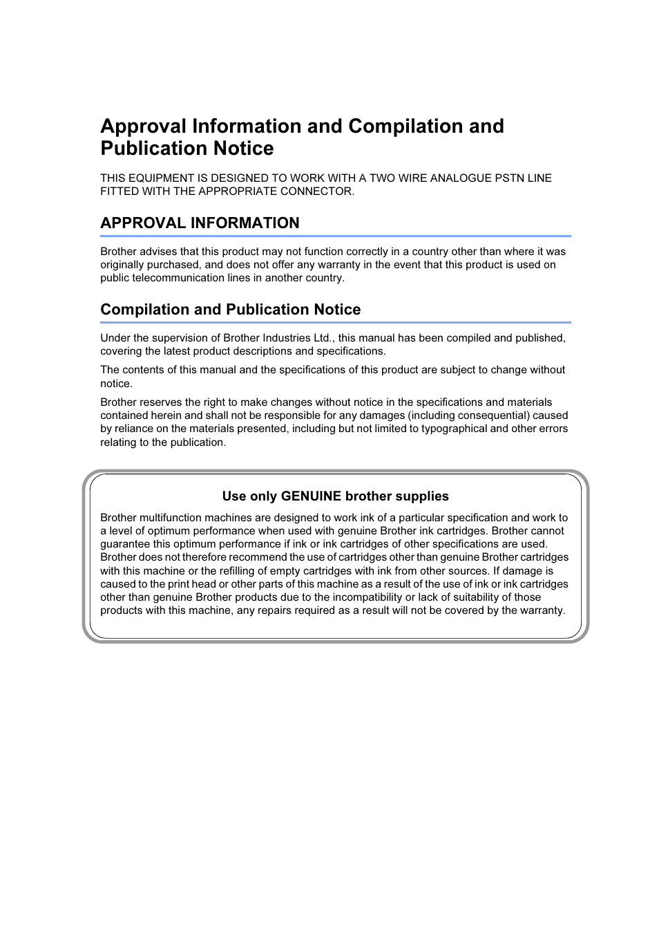 Approval information, Compilation and publication notice | Brother IntelliFAX 1360 User Manual | Page 2 / 114
