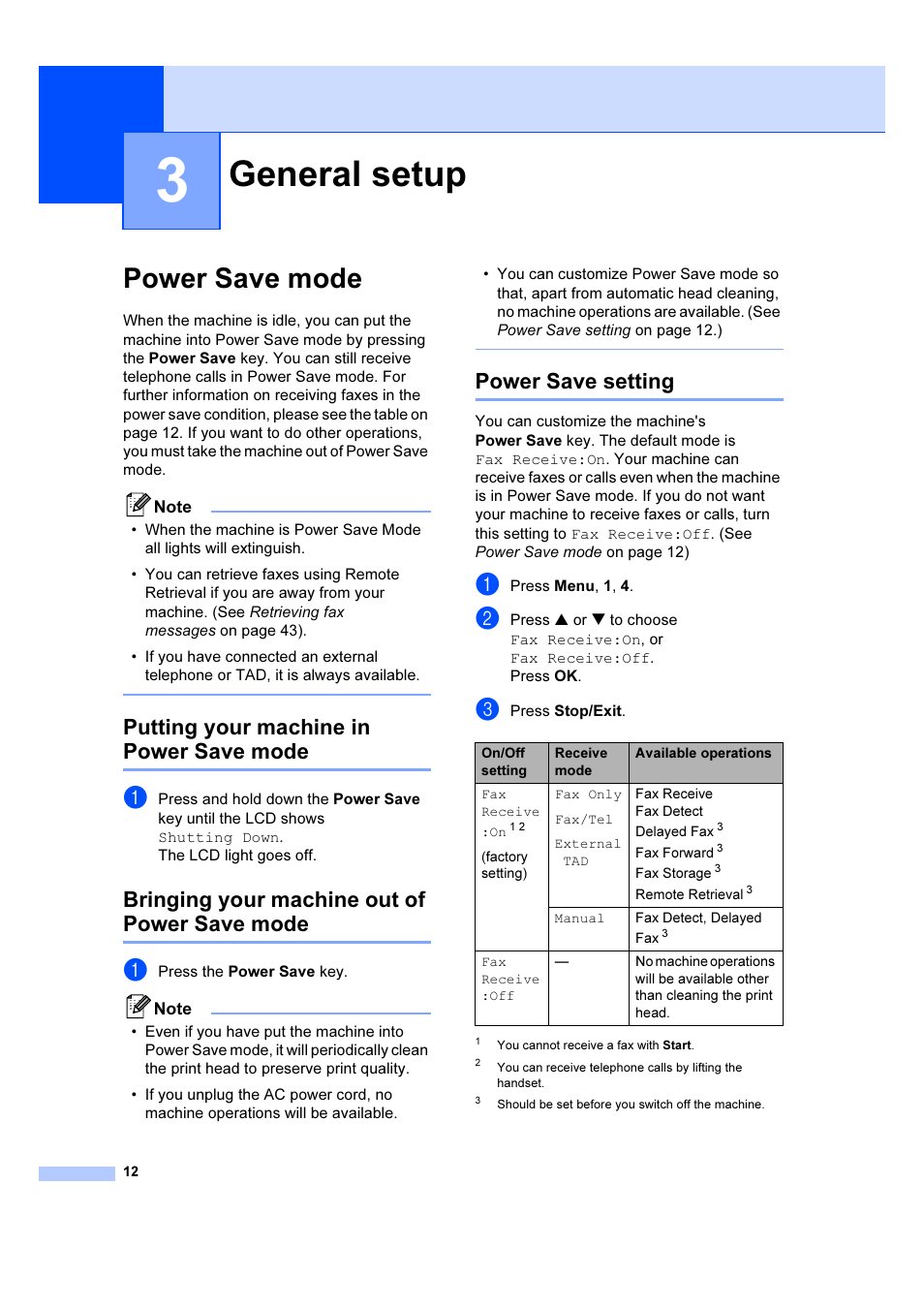 3 general setup, Power save mode, Putting your machine in power save mode | Bringing your machine out of power save mode, Power save setting, General setup | Brother IntelliFAX 1360 User Manual | Page 20 / 114