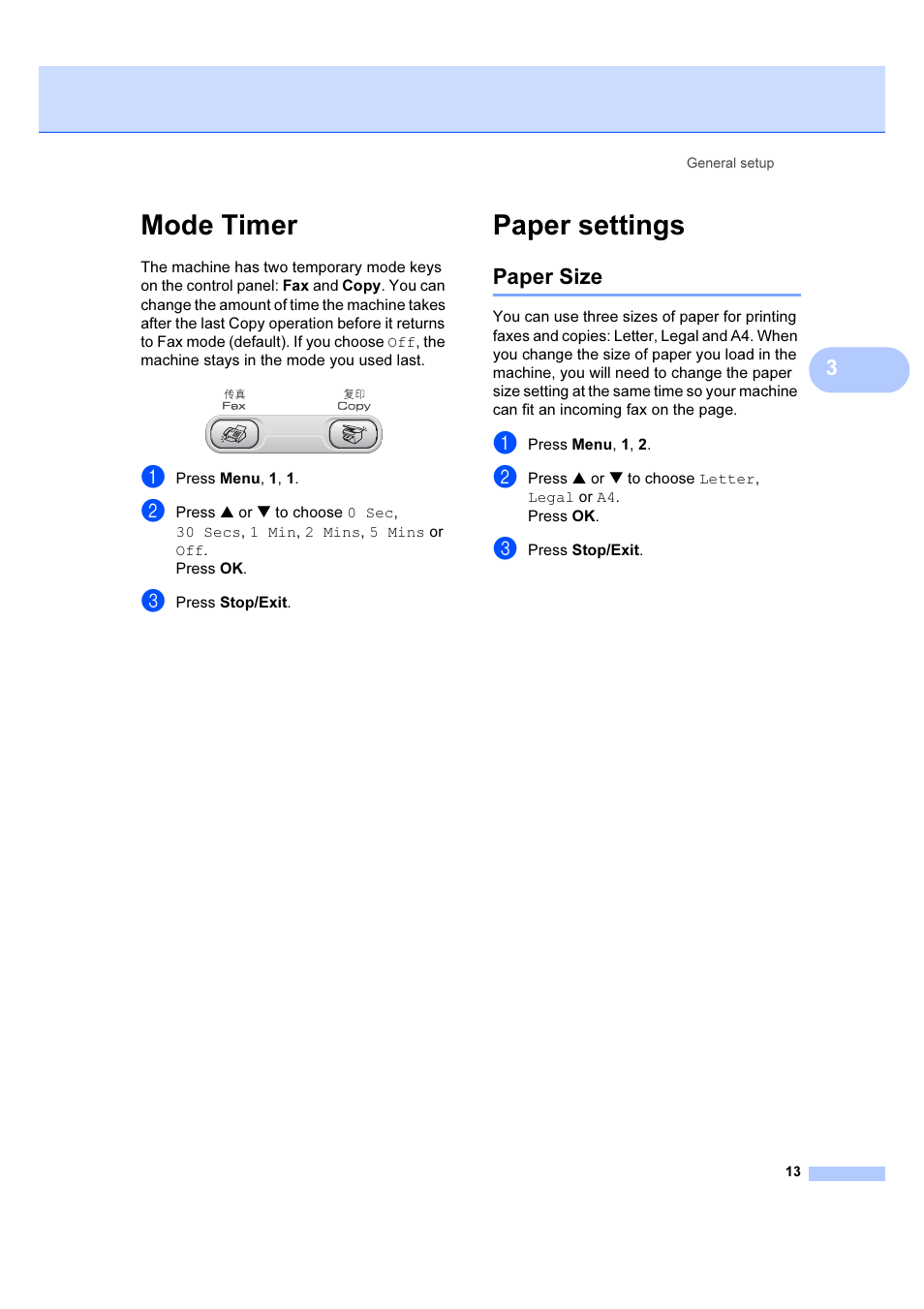 Mode timer, Paper settings, Paper size | Mode timer paper settings | Brother IntelliFAX 1360 User Manual | Page 21 / 114