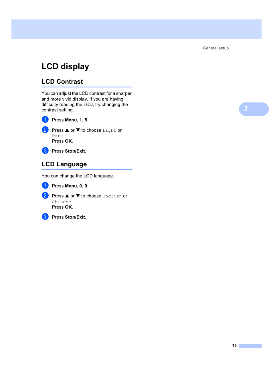 Lcd display, Lcd contrast, Lcd language | Lcd contrast lcd language | Brother IntelliFAX 1360 User Manual | Page 23 / 114