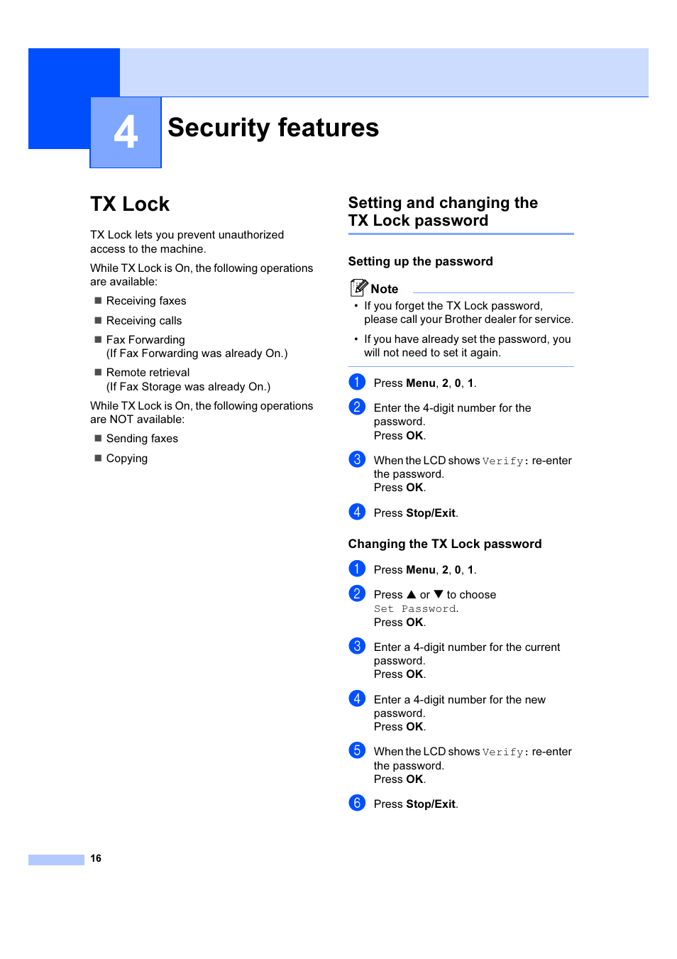 4 security features, Tx lock, Setting and changing the tx lock password | Setting up the password, Changing the tx lock password, Security features | Brother IntelliFAX 1360 User Manual | Page 24 / 114