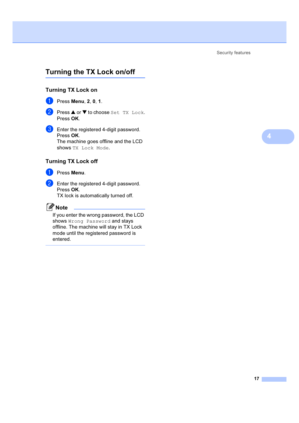 Turning the tx lock on/off, Turning tx lock on, Turning tx lock off | 4turning the tx lock on/off | Brother IntelliFAX 1360 User Manual | Page 25 / 114