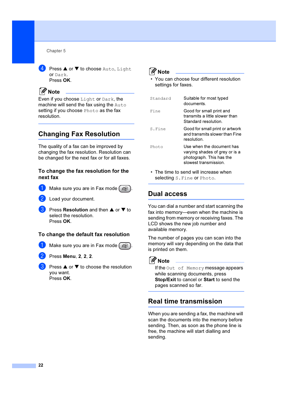 Changing fax resolution, To change the fax resolution for the next fax, To change the default fax resolution | Dual access, Real time transmission | Brother IntelliFAX 1360 User Manual | Page 30 / 114