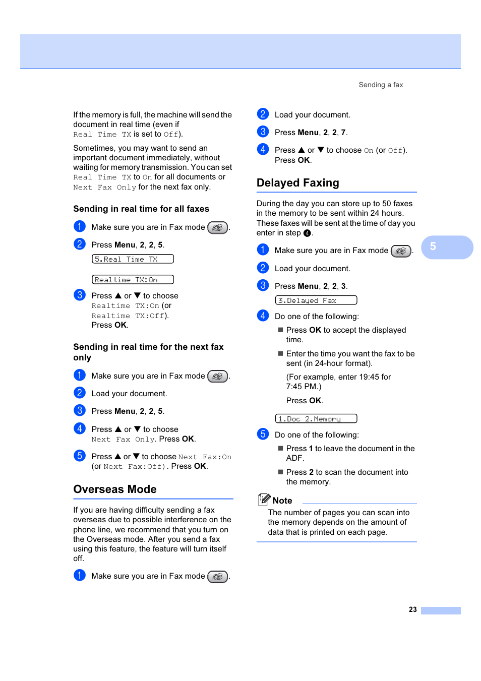 Sending in real time for all faxes, Sending in real time for the next fax only, Overseas mode | Delayed faxing, Overseas mode delayed faxing | Brother IntelliFAX 1360 User Manual | Page 31 / 114