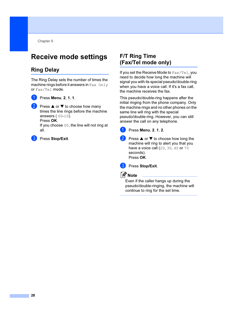 Receive mode settings, Ring delay, F/t ring time (fax/tel mode only) | Ring delay f/t ring time (fax/tel mode only), E f/t ring time (fax/tel mode only) | Brother IntelliFAX 1360 User Manual | Page 36 / 114