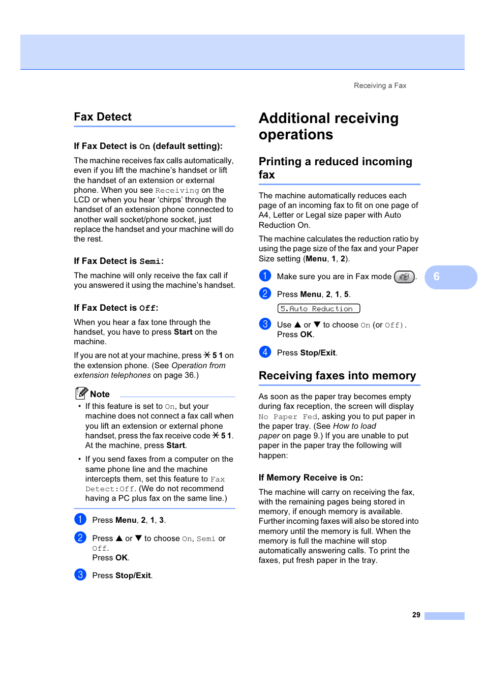 Fax detect, If fax detect is on (default setting), If fax detect is semi | If fax detect is off, Additional receiving operations, Printing a reduced incoming fax, Receiving faxes into memory, If memory receive is on, 6fax detect | Brother IntelliFAX 1360 User Manual | Page 37 / 114