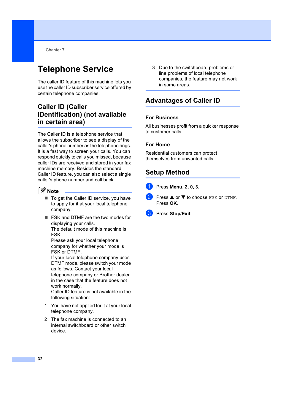 Telephone service, Advantages of caller id, For business | For home, Setup method | Brother IntelliFAX 1360 User Manual | Page 40 / 114